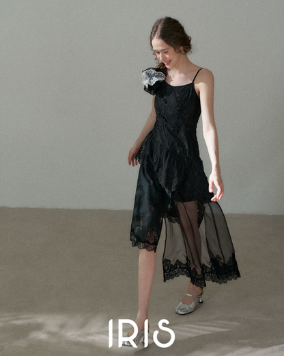 Black Lace Spliced Asymmetric Dress