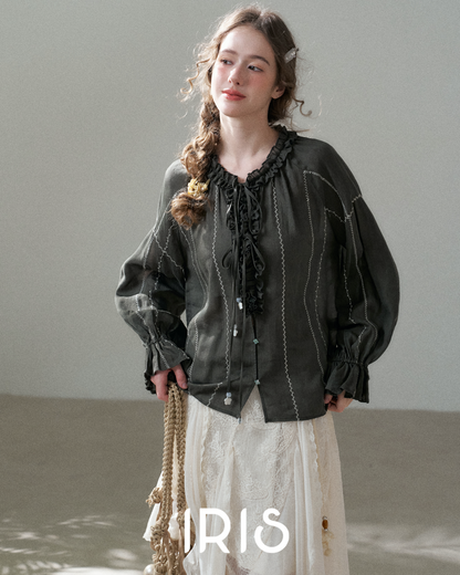 Soft Cotton-Linen Ruffle Tie Blouse