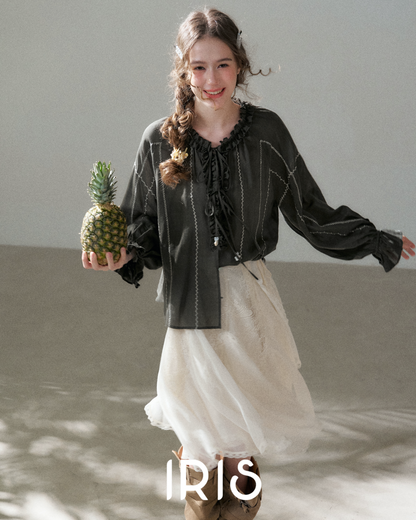 Soft Cotton-Linen Ruffle Tie Blouse