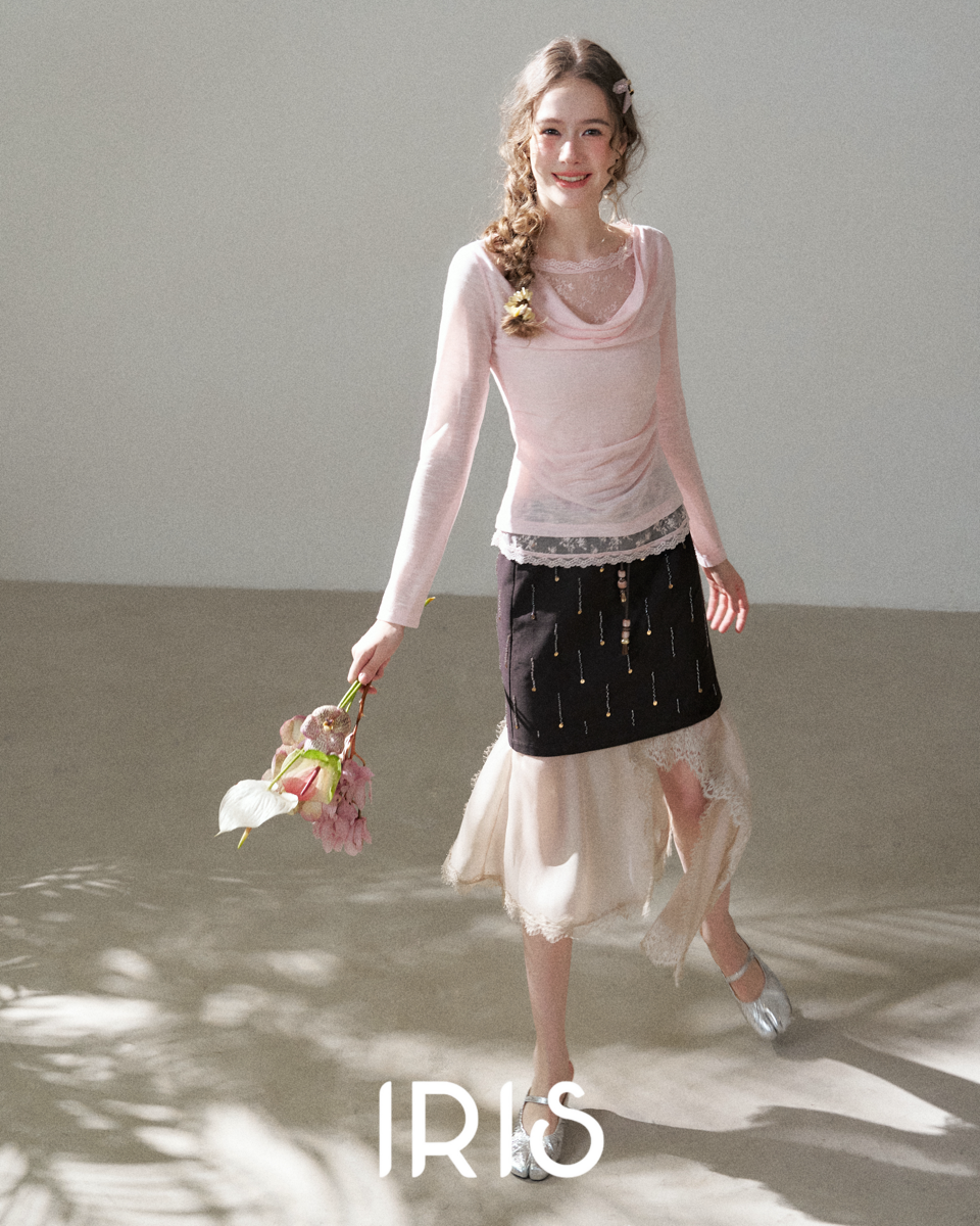 Layered Lace Top & Asymmetric Skirt Set – Pink
