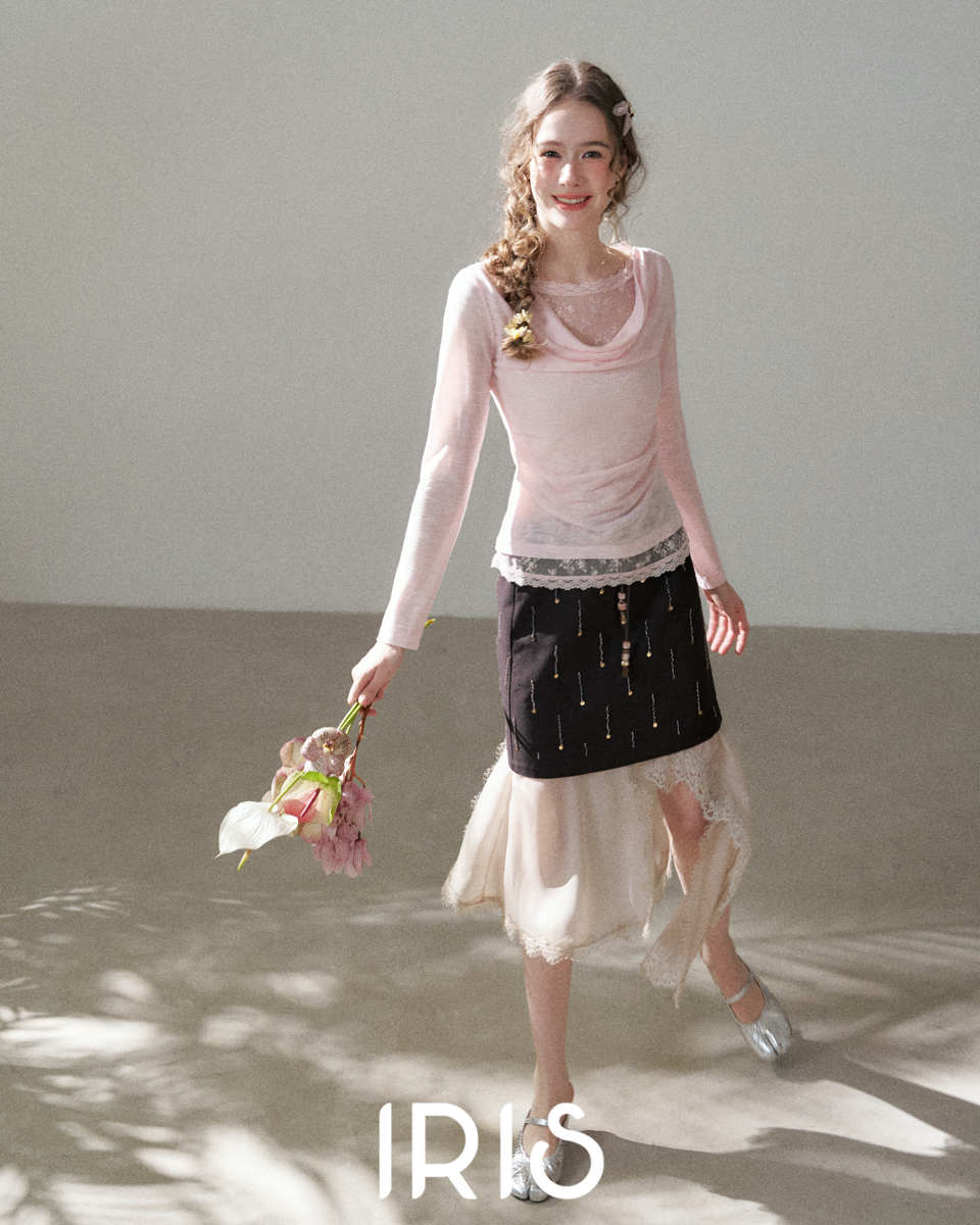 Layered Lace Top & Asymmetric Skirt Set – Pink