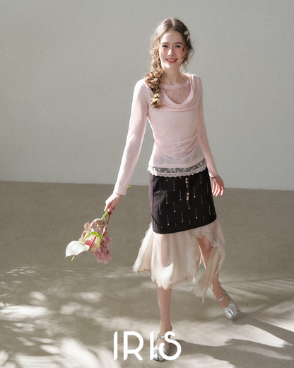 Layered Lace Top & Asymmetric Skirt Set – Pink