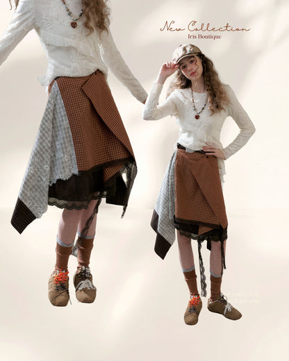Brown Check Lace Spliced Skirt