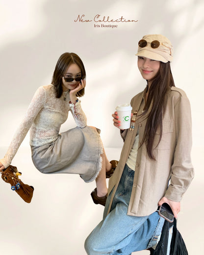 Vacation in HK |Sweet Girl Lace Base Layer Top & Soft cream layering shirt