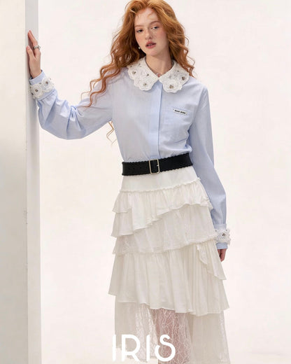 Avero Floral Lace Collar Shirt & Layered Skirt Set