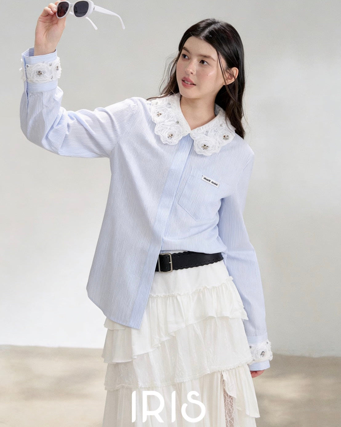 Avero Floral Lace Collar Shirt & Layered Skirt Set