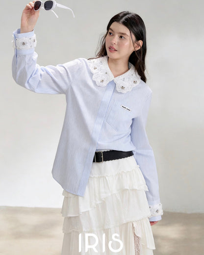 Avero Floral Lace Collar Shirt & Layered Skirt Set