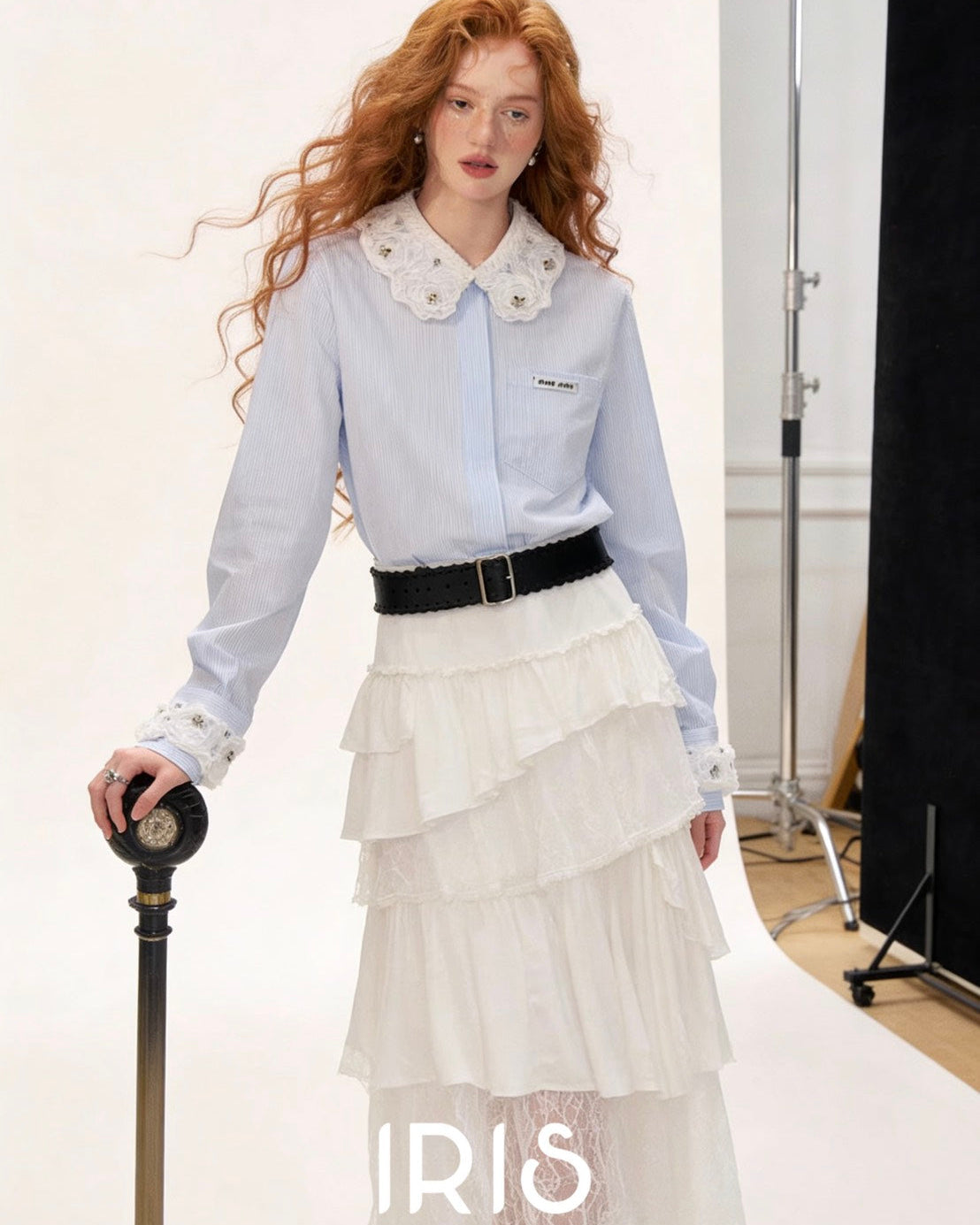 Avero Floral Lace Collar Shirt & Layered Skirt Set