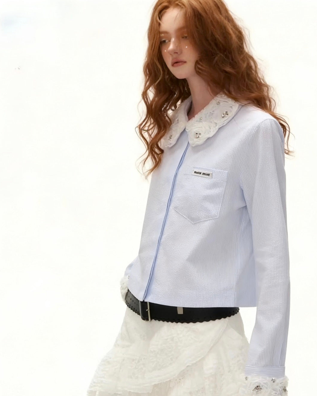 Avero Floral Lace Collar Shirt & Layered Skirt Set