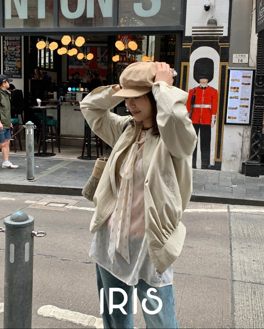 Vacation in HK |Beige Gray Casual Diary Zip-Up Jacket