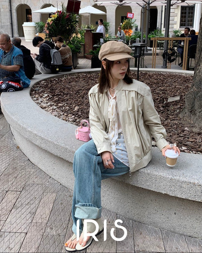 Vacation in HK |Beige Gray Casual Diary Zip-Up Jacket