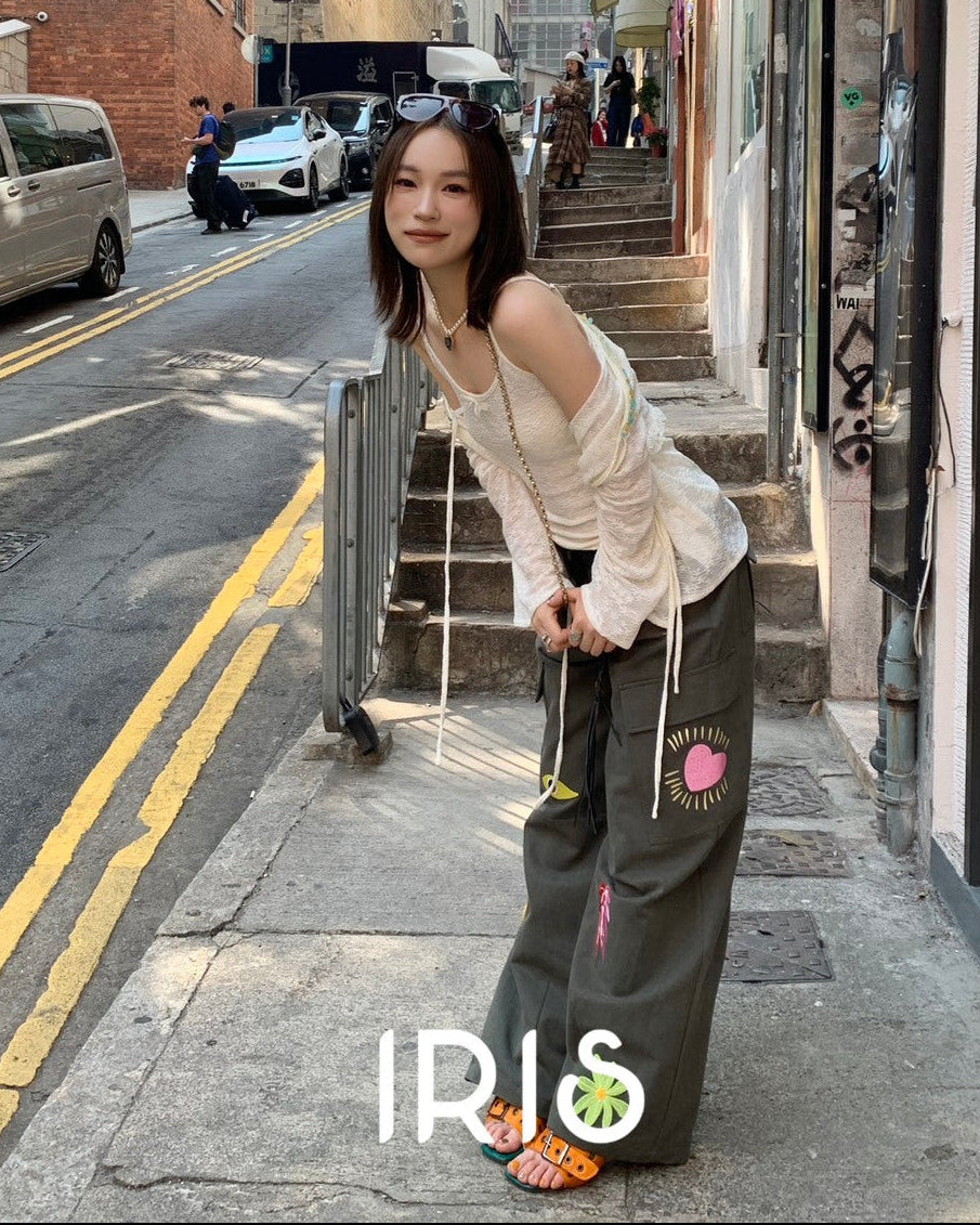 Vacation in HK |Moonlight Two-Piece Top Set & Heart Motif Wide-Leg Pants