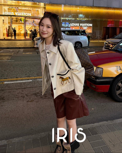 Vacation in HK |Horse Embroidered Faux Leather Jacket