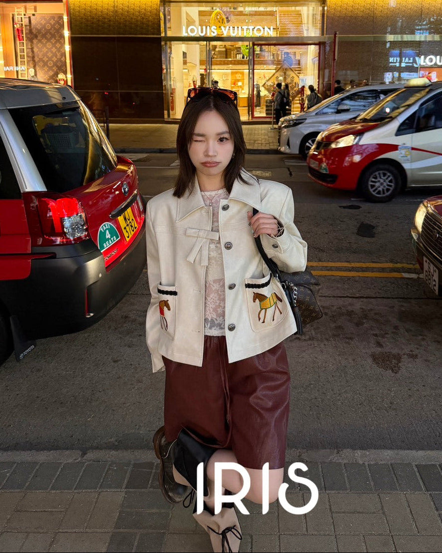 Vacation in HK |Horse Embroidered Faux Leather Jacket