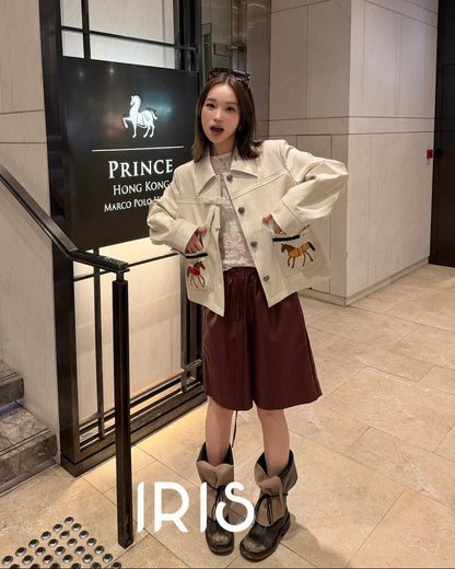Vacation in HK |Horse Embroidered Faux Leather Jacket