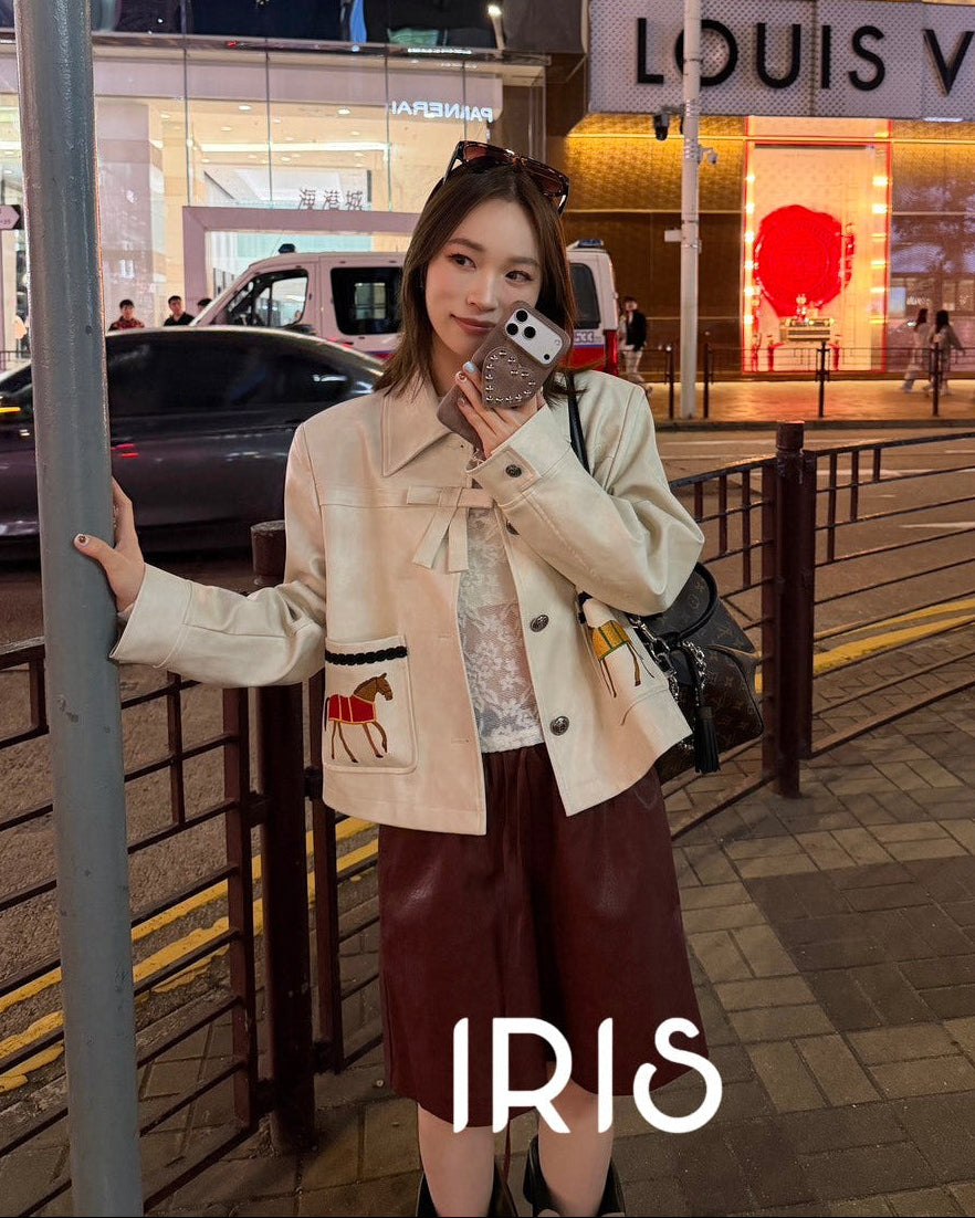 Vacation in HK |Horse Embroidered Faux Leather Jacket