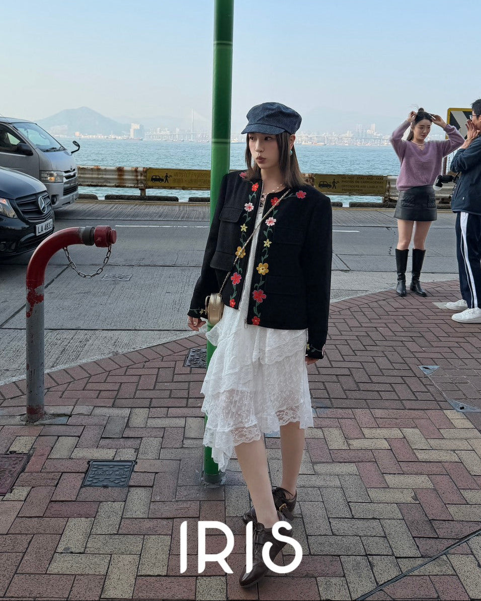 Vacation in HK | Blooming Floral Embroidered Black Jacket
