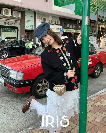 Vacation in HK | Blooming Floral Embroidered Black Jacket