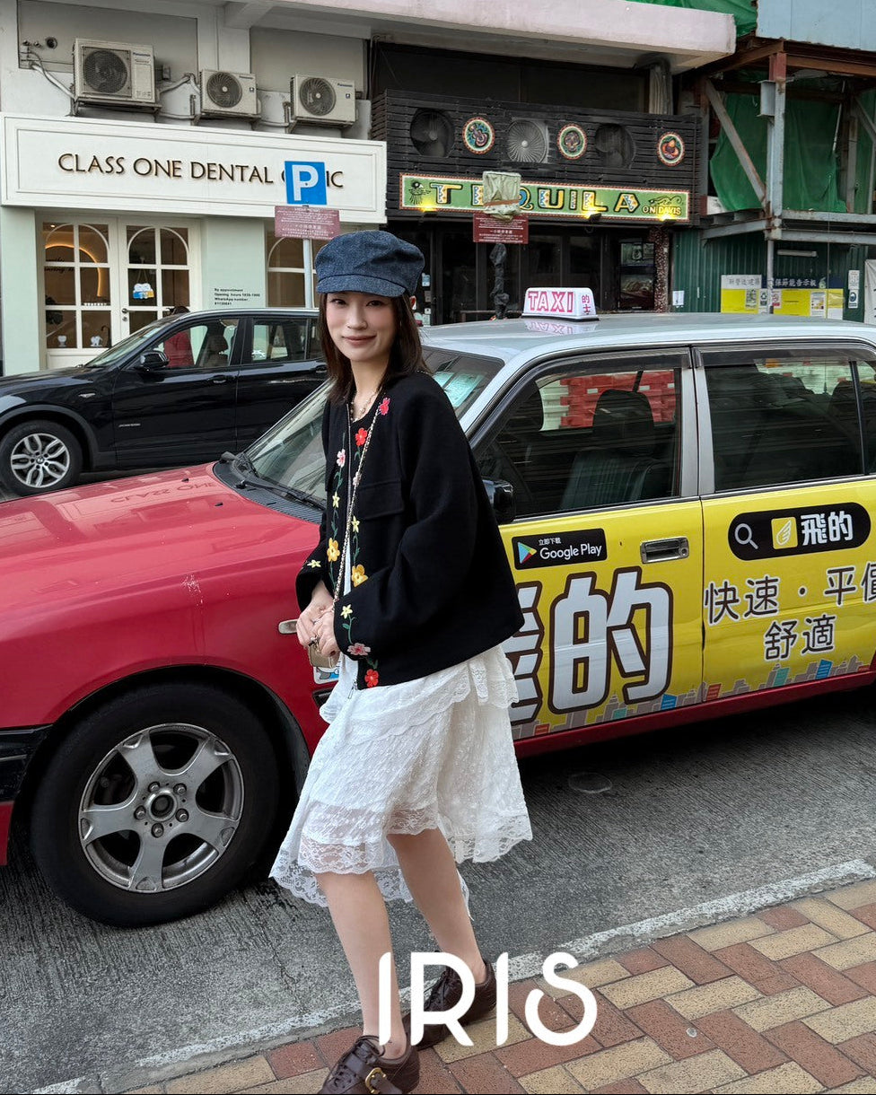Vacation in HK | Blooming Floral Embroidered Black Jacket