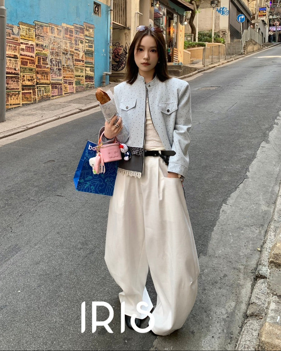 Vacation in HK |Blue Balloon Cropped Jacket & Minimal Flow Wide-Leg Pants