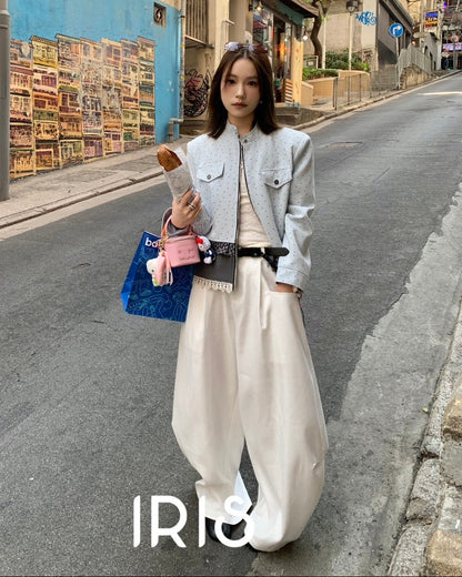 Vacation in HK |Blue Balloon Cropped Jacket & Minimal Flow Wide-Leg Pants