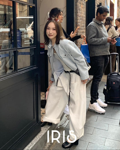 Vacation in HK |Blue Balloon Cropped Jacket & Minimal Flow Wide-Leg Pants