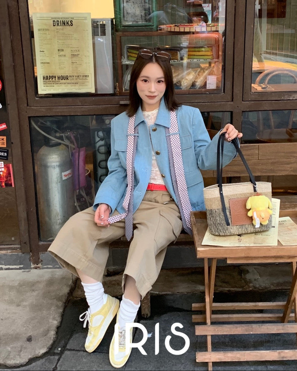 Vacation in HK |Blue Polka Ribbon Cropped Jacket