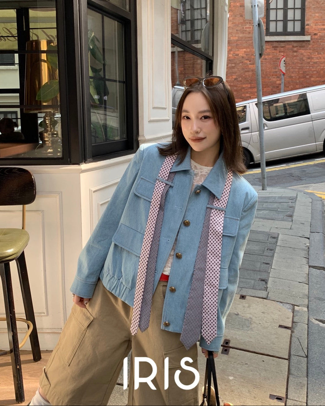 Vacation in HK |Blue Polka Ribbon Cropped Jacket