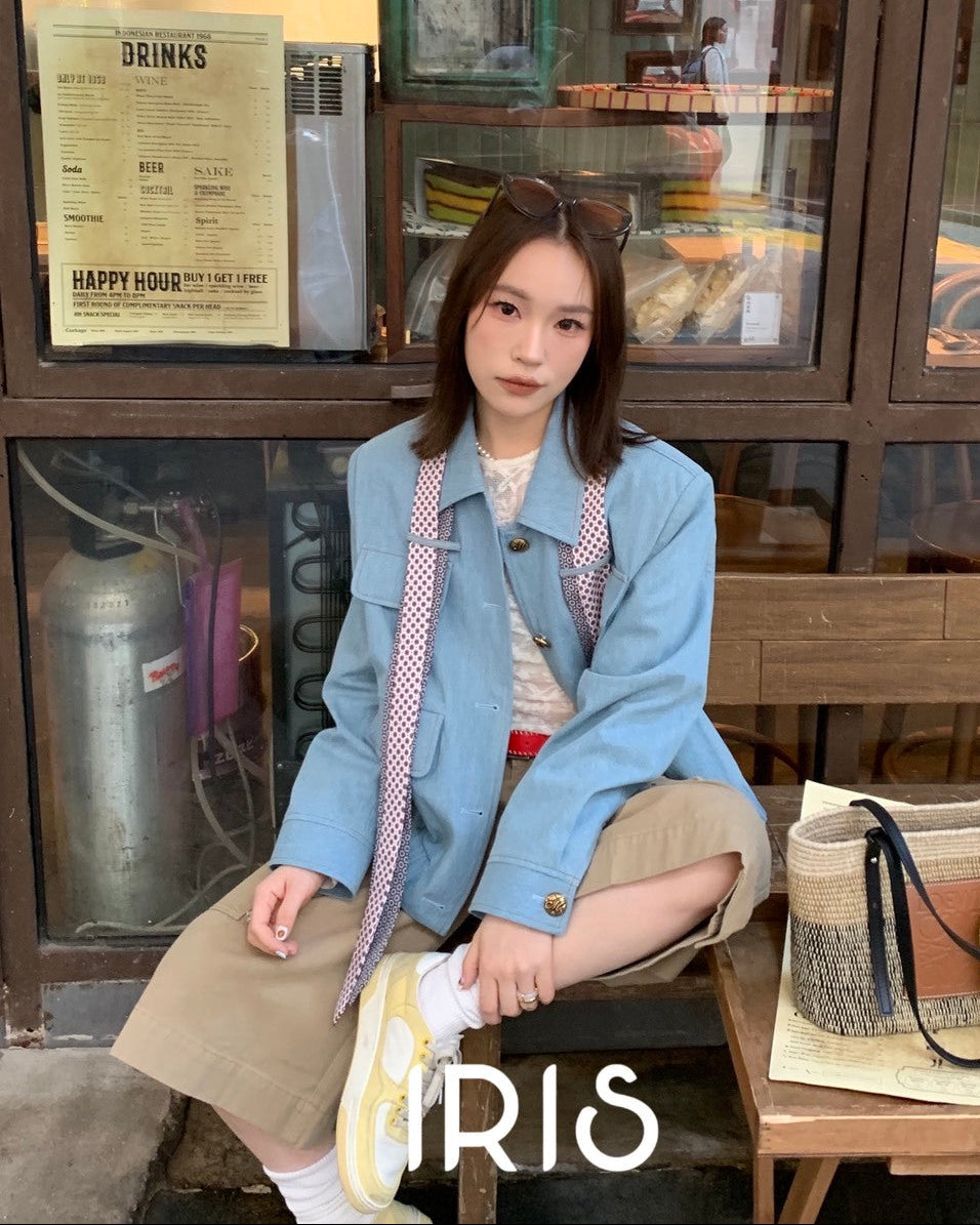 Vacation in HK |Blue Polka Ribbon Cropped Jacket