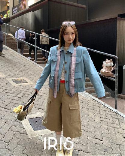 Vacation in HK |Blue Polka Ribbon Cropped Jacket