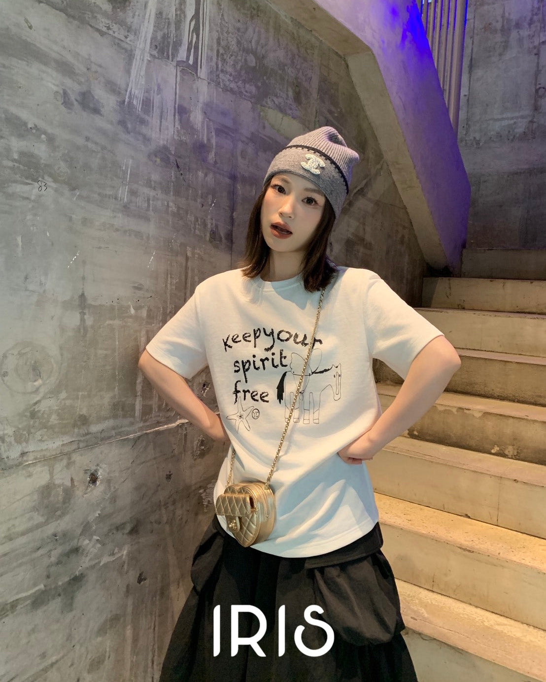Vacation in HK |Graphic Lettering Short-Sleeve Tee in White&Peninsula Love Letter Midi Skirt