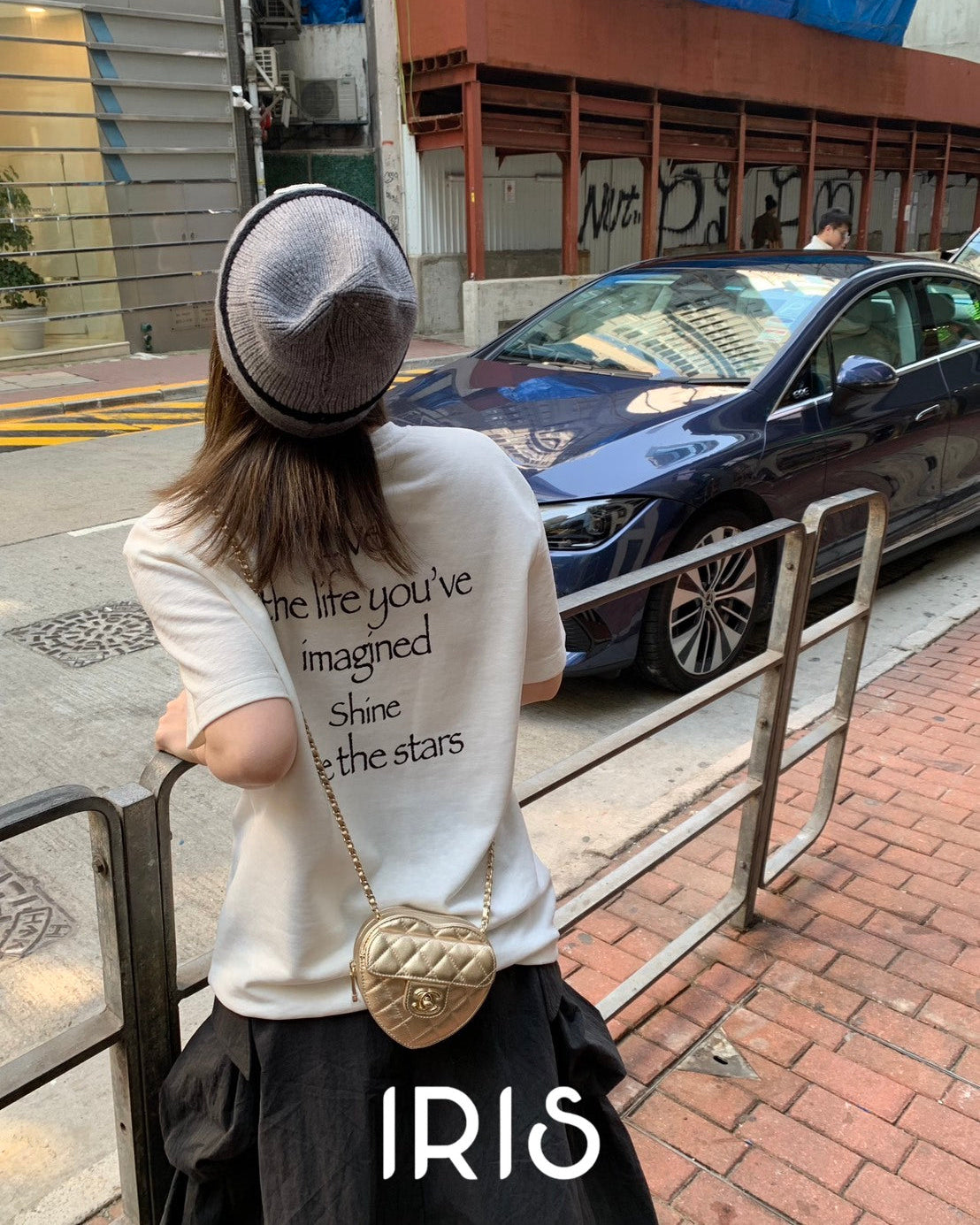 Vacation in HK |Graphic Lettering Short-Sleeve Tee in White&Peninsula Love Letter Midi Skirt