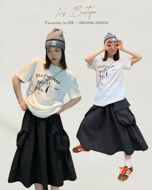 Vacation in HK |Graphic Lettering Short-Sleeve Tee in White&Peninsula Love Letter Midi Skirt