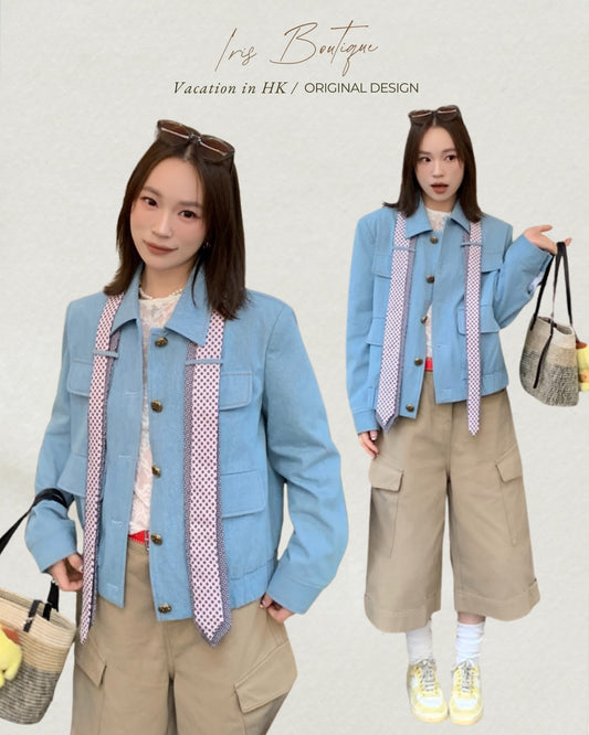 Vacation in HK |Blue Polka Ribbon Cropped Jacket