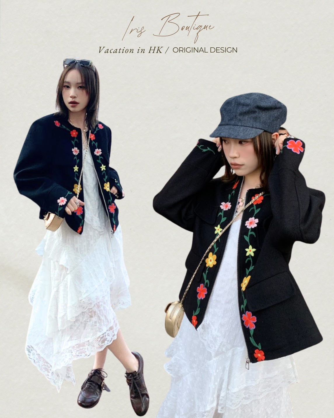 Vacation in HK | Blooming Floral Embroidered Black Jacket