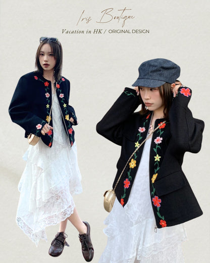 Vacation in HK | Blooming Floral Embroidered Black Jacket