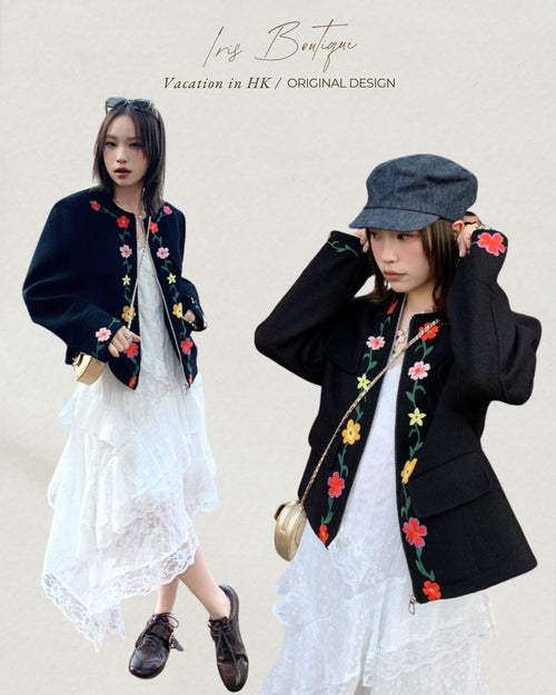 Vacation in HK | Blooming Floral Embroidered Black Jacket