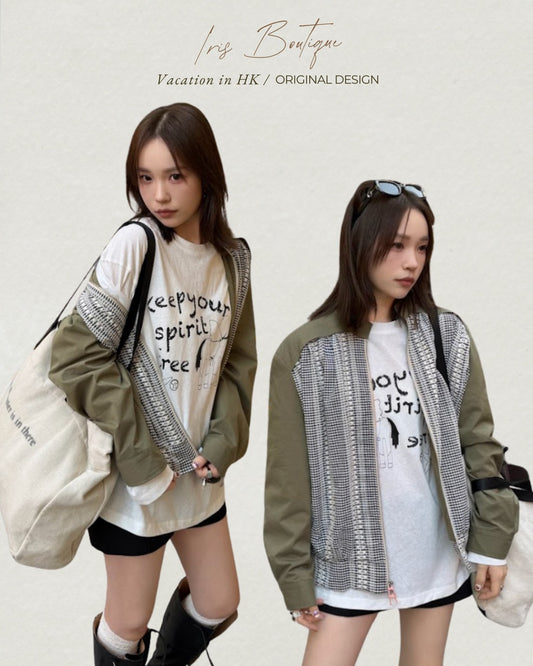 Vacation in HK |Original Design IRIS BOUTIQUE Army Green Casual Diary Contrast Zip Jacket