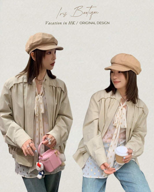 Vacation in HK |Beige Gray Casual Diary Zip-Up Jacket