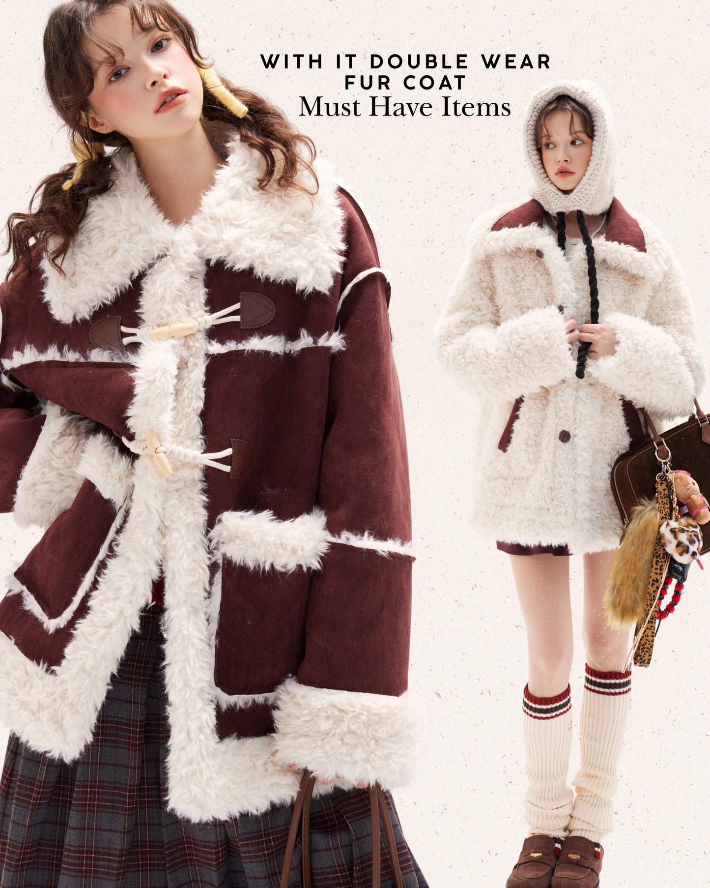With It Double Wear Fur Coat - Mahogany & Cream