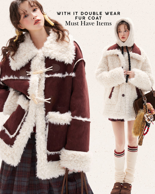 With It Double Wear Fur Coat - Mahogany & Cream