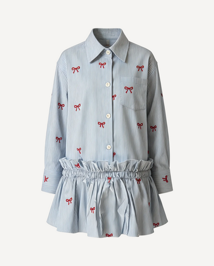 Sophie Bow Embroidered Stripe Shirt Dress - Classic Blue & White