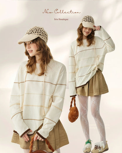 Cream Striped Knit Sweater – Soft Casual Oversized Pullover