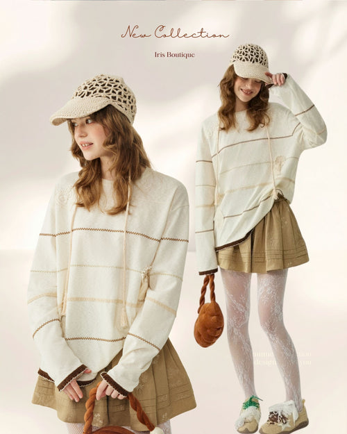 Cream Striped Knit Sweater – Soft Casual Oversized Pullover