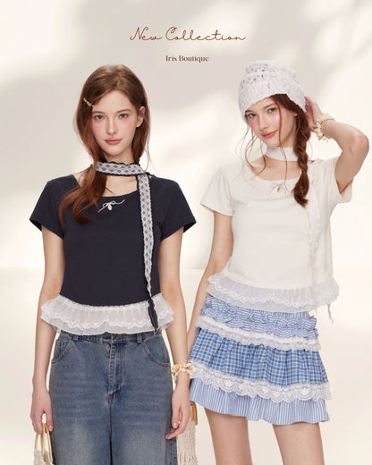 Bow Lace Hem Knit Top – Cute Short-Sleeve Tee with Ruffle Trim (White/Black)
