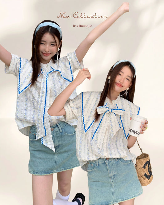 Lace Bow Collar Blouse – Vintage Large-Collar Top with Blue Trim