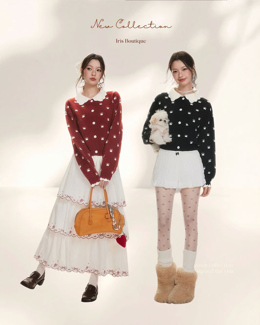 Daisy Embroidered Knit Sweater – Cute Floral Pullover in Black & Red
