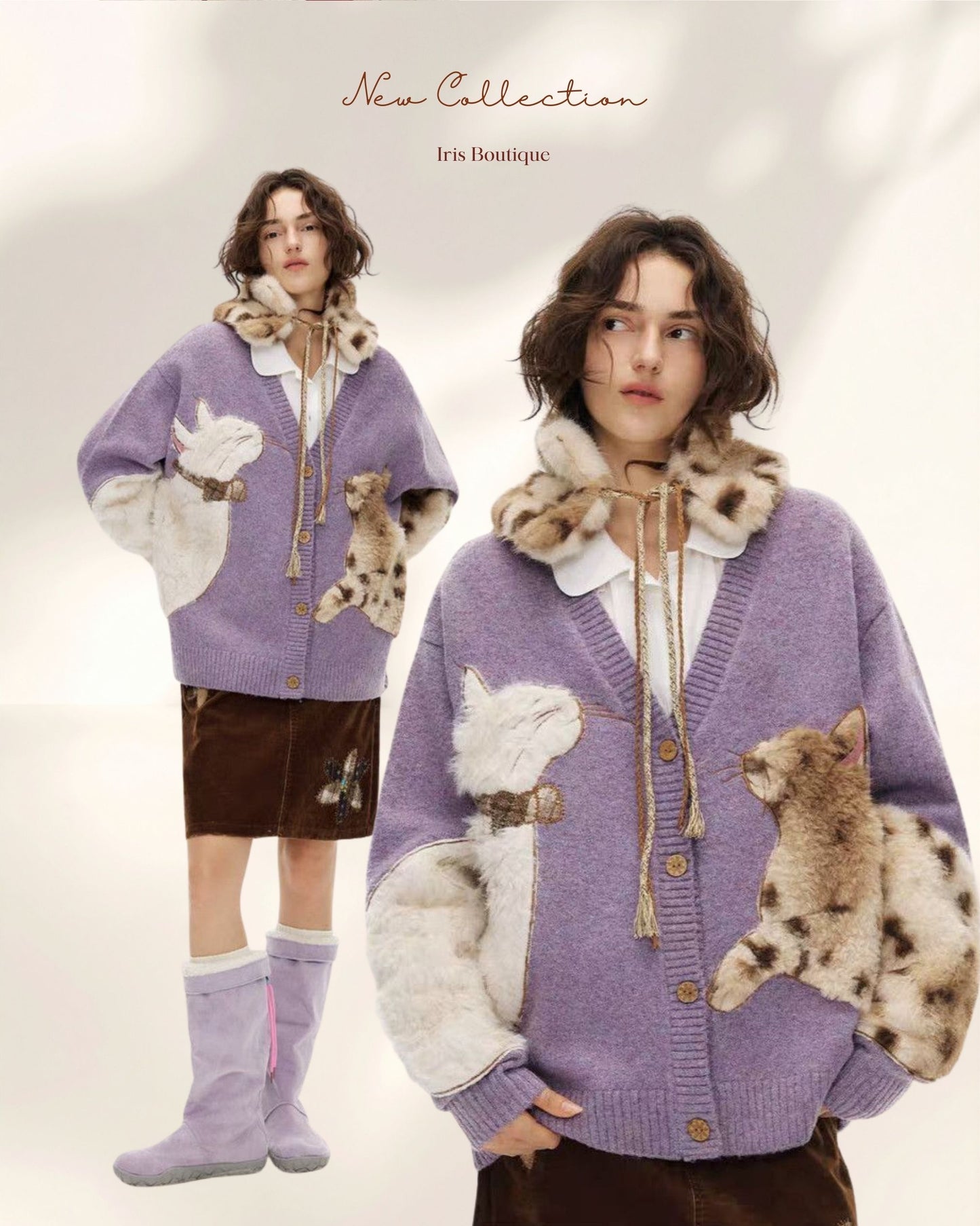 Furry Cat Knit Cardigan –Cozy Statement Sweater