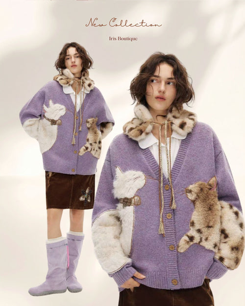 Furry Cat Knit Cardigan –Cozy Statement Sweater