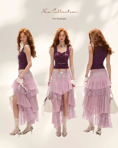 Layered Lace Patchwork Shirt & Skirt – Purple Asymmetric Ruffle Midi